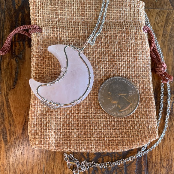 Rose Quartz Necklace Rose Quartz Moon Pendant with Stainless Steel Chain - Picture 3 of 3